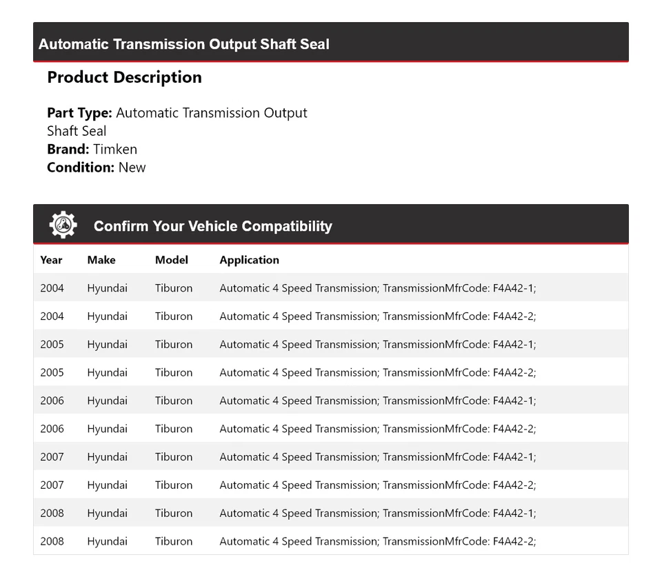For 2004-2008 Hyundai Tiburon Automatic Transmission Output Shaft Seal Timken - Image 2 of 4