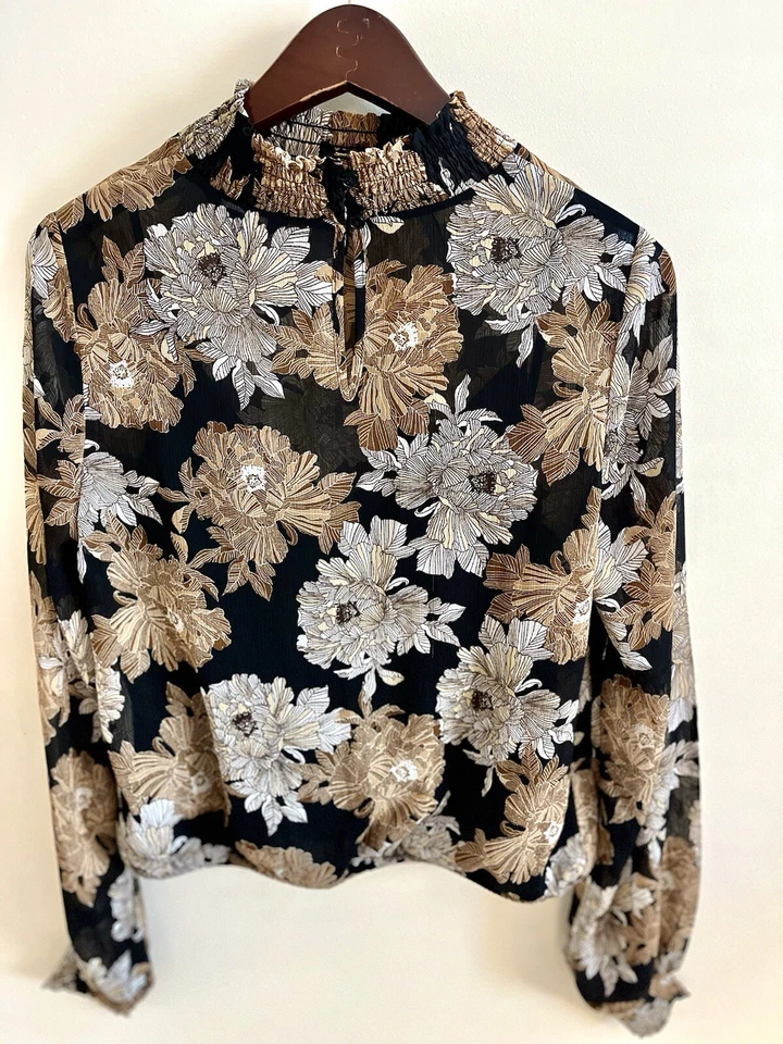 Top Express Para Mujer Floral 2 Piezas Manga Larga Cuello Alto Semi Transparente Talla Mediana Foto 2 de 4