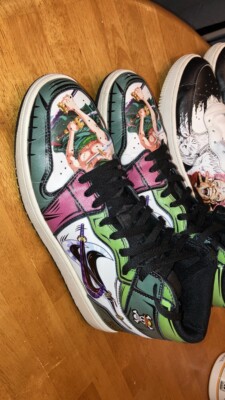 Jordan 1s, size 13 men, anime theme, Roronoa Zoro, Green color.