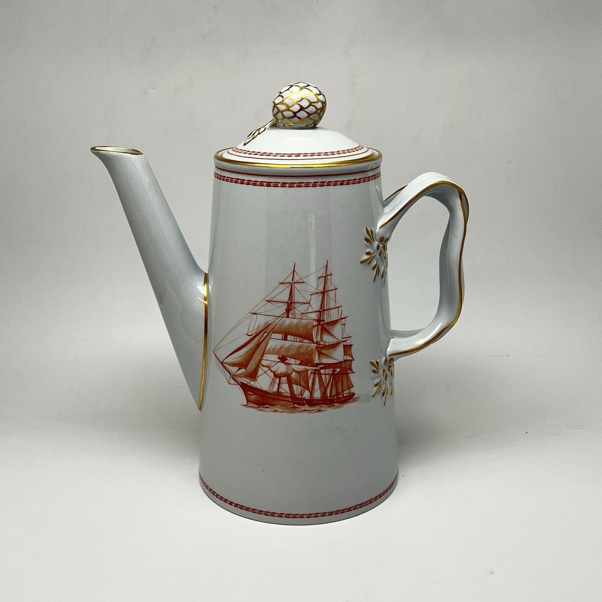 Copeland Spode Trade Winds Red Coffee Pot w/ Lid Sailing Ship Gold