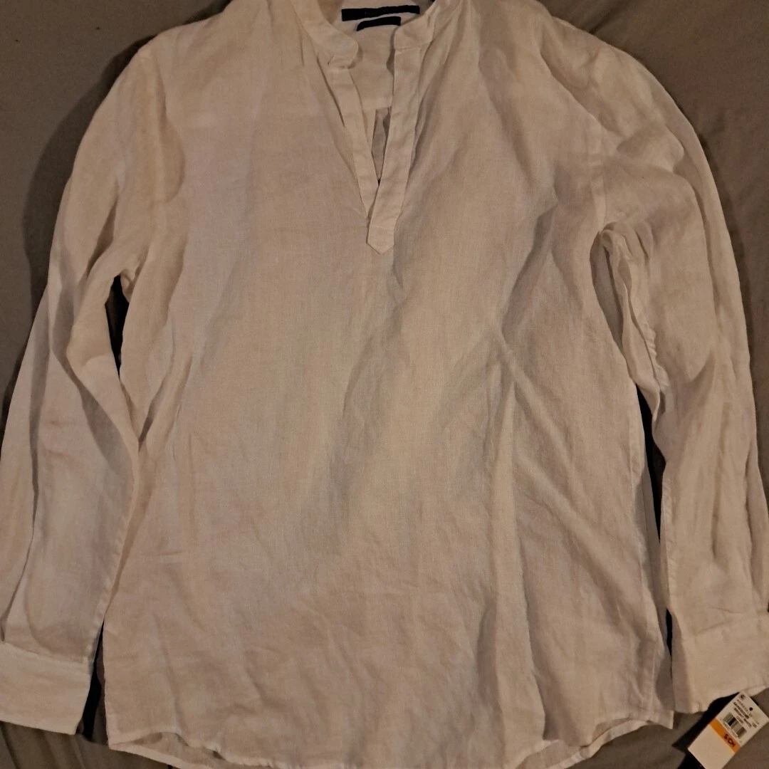 Men's PERRY ELLIS White Linen Shirt Small S Band Collar NWT NEW Open Neck WoW!
