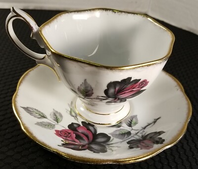 Royal Albert Masquerade Black Rose Avon Shape Teacup & Saucer Gold Brush Trim