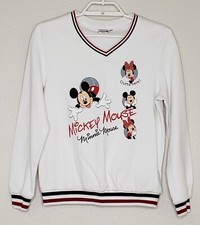 Vintage Disney Sweatshirt Medium L/S White V-Neck Mickey  Minnie Mouse Casual