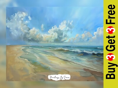 Gelassener Ozean Strand Ölgemälde Druck 5''x7'' auf mattem Papier - ruhige Meereslandschaft