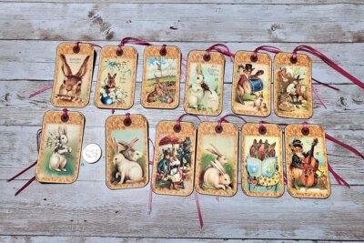 12~Easter~Vintage~Victorian~Bunny~Linen Cardstock~Gift~Hang~Tags