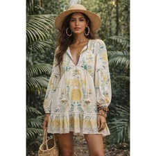 FARM RIO White Floral Long Sleeve Boho Y2K Linen Mini Dress  Women's Size XS