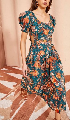 Ulla Johnson Golda Dress Sz 0 Puff Sleeve Floral Cotton Midi Blue Teal NEW