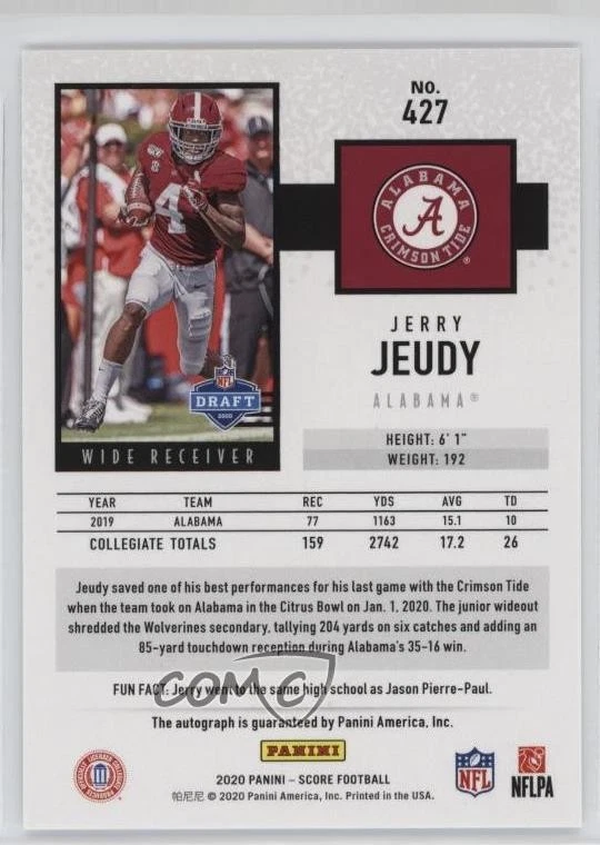 2020 Score Rookies Signatures Jerry Jeudy #427 Rookie Auto RC - Image 2 of 2