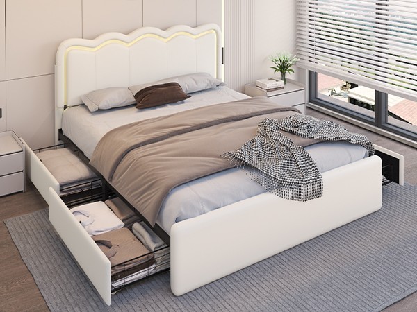 With 4 Large Drawers, Upholstered Headboard, Charging Statio
