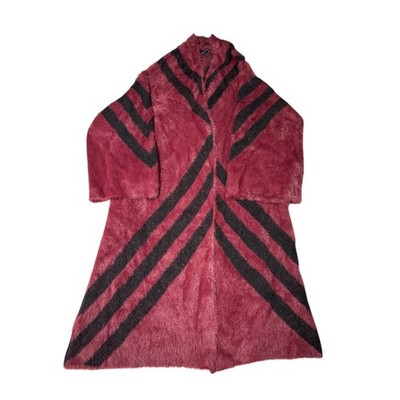 NWT CURATIONS Burgundy Stripe Fuzzy Knit Open Front Cardigan Coat Women's M