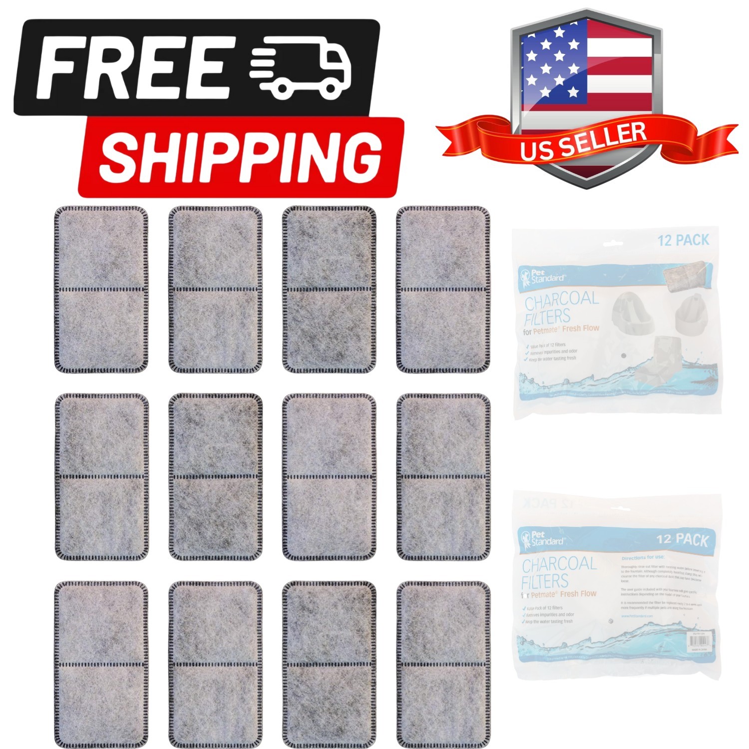 12-Pack Polyester Charcoal Filters for Petmate Fresh Flow - 