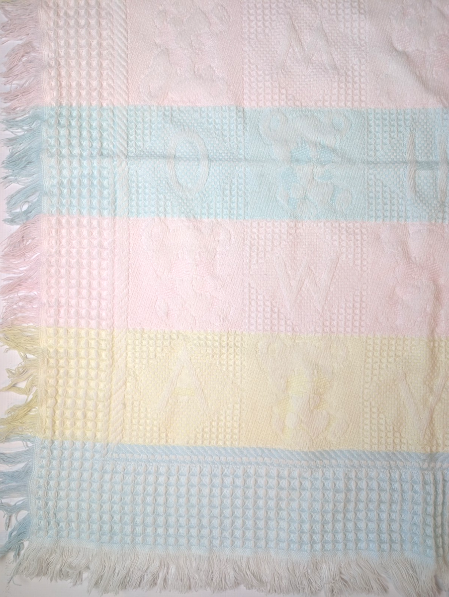 Vintage Heart Beats Pastel Woven Baby Blanket Fringe Pink Blue