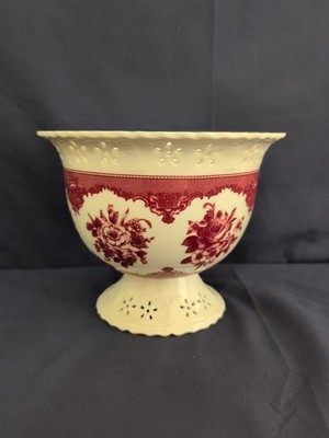 Vintage FTD Pedestal Bowl Burgundy Rose Floral Compote Vase  A Gift From FTD 