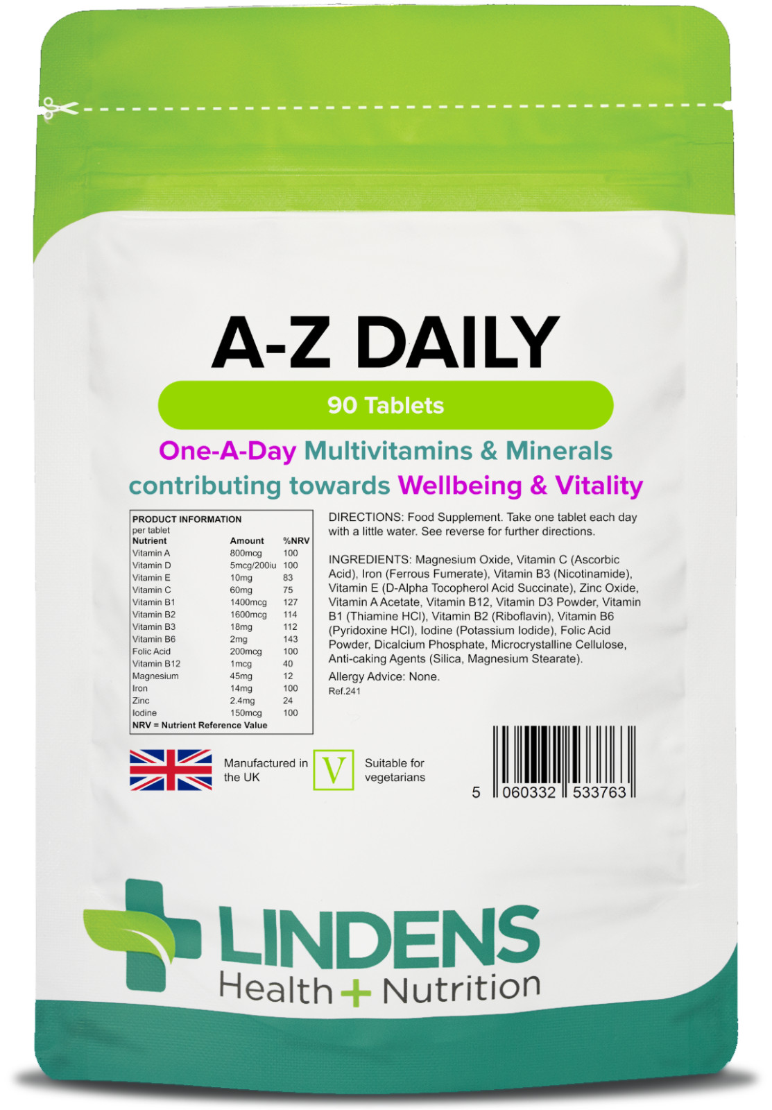 Lindens Multivitamin & Minerals A-Z Daily - 90 One-A-Day Tablets - UK Made