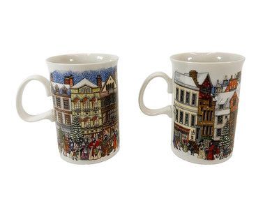 Dunoon Scotland Christmas Time Fine China Coffee Cups Village Stores Set of 2