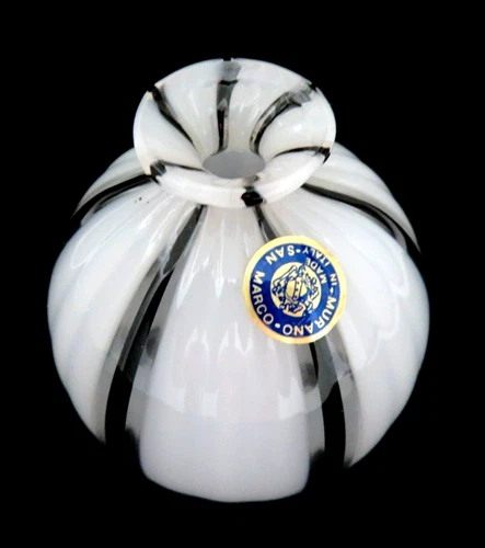 Mid Century Italy Murano Art Glass Black & White Rib Vase  Original Label  MINT