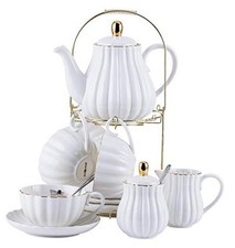 Porcelain Tea Set- 8 OZ Coffee Cup/Teacup, Saucer, Spoons, Serve of 4 White