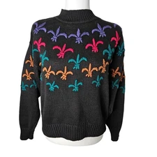 Le Moda Small Vintage Fleur-de-lis Y2K Hand Loomed & Embroidered Black Sweater