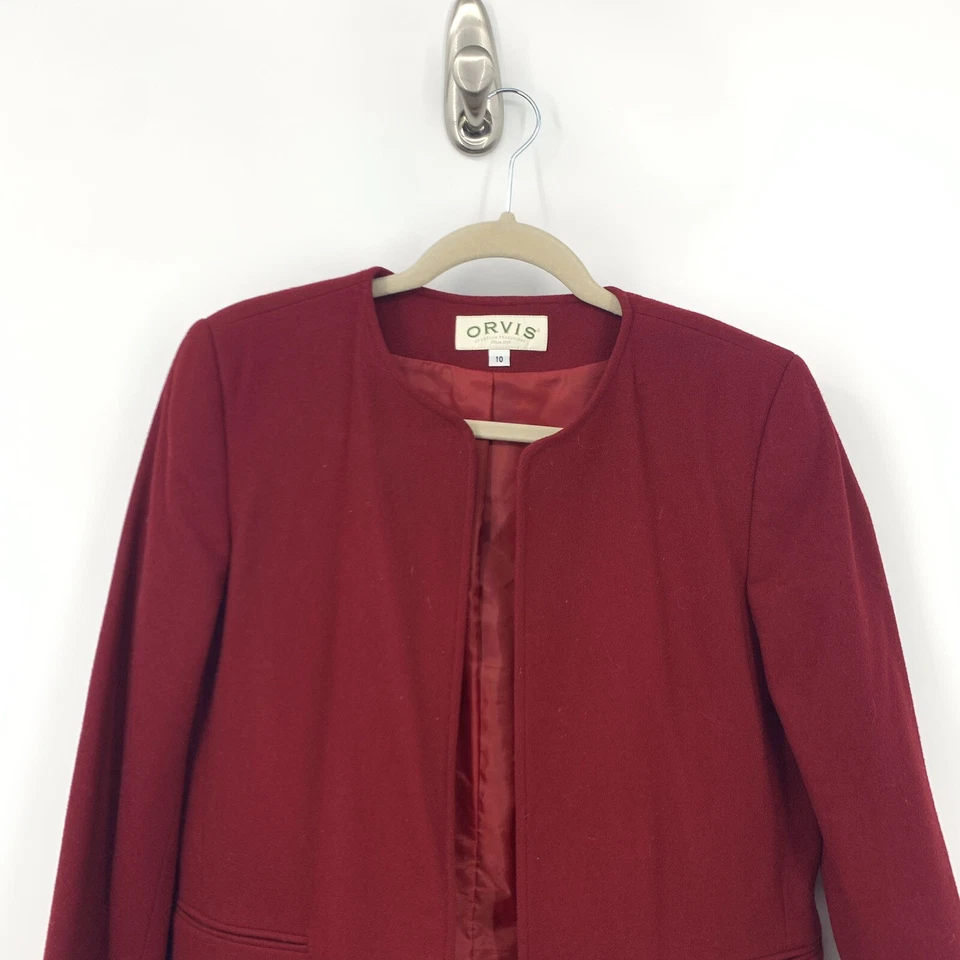Blazer Traje Chaqueta Orvis Mujer 10 Mediano Frente Abierto Granate Rojo 100% Lana Forrada Foto 2 de 4