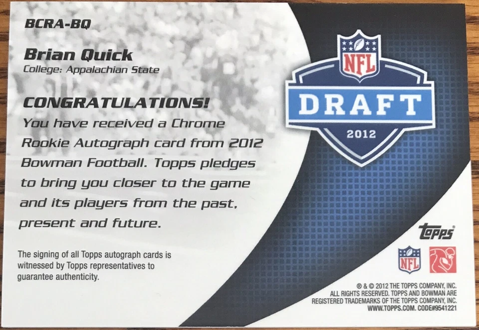 2012 Bowman Rookie Team Helmet Autographs Brian Quick BCRA-BQ St.Louis Rams - Image 2 of 2