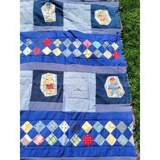 Handmade Small Patchwork Squares Baby Quilt With Bear Appliques Reversible Blue