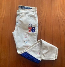 Men's Philadelphia 76ers Distressed Premium Denim Jeans 34x32 NBA Y2K NWT