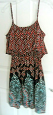NEW S Black Red Print Sun DRESS Chiffon Boho LINED Spaghetti 8 10 Aztec Mini