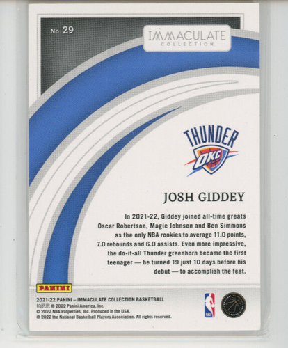 Josh Giddey 2021-22 Panini Immaculate ROOKIE RC #29 #d 48/99 Bulls - Imagen 2 de 2