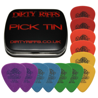 12 Dunlop Tortex Standard Gitarren-Plektren - 2 von jedem Typ in einer handlichen Plektrum-Dose