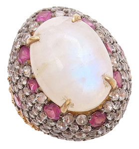 Authentic 925 Sterling Silver Vintage Ring Gold Plated Moonstone & Pink CZ Sz 6.5 RG30964