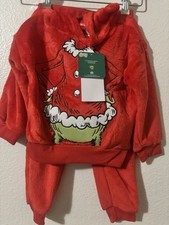 Toddler 3T Red Fuzzy The Grinch 2 Piece Pajamas Set W/ Hood