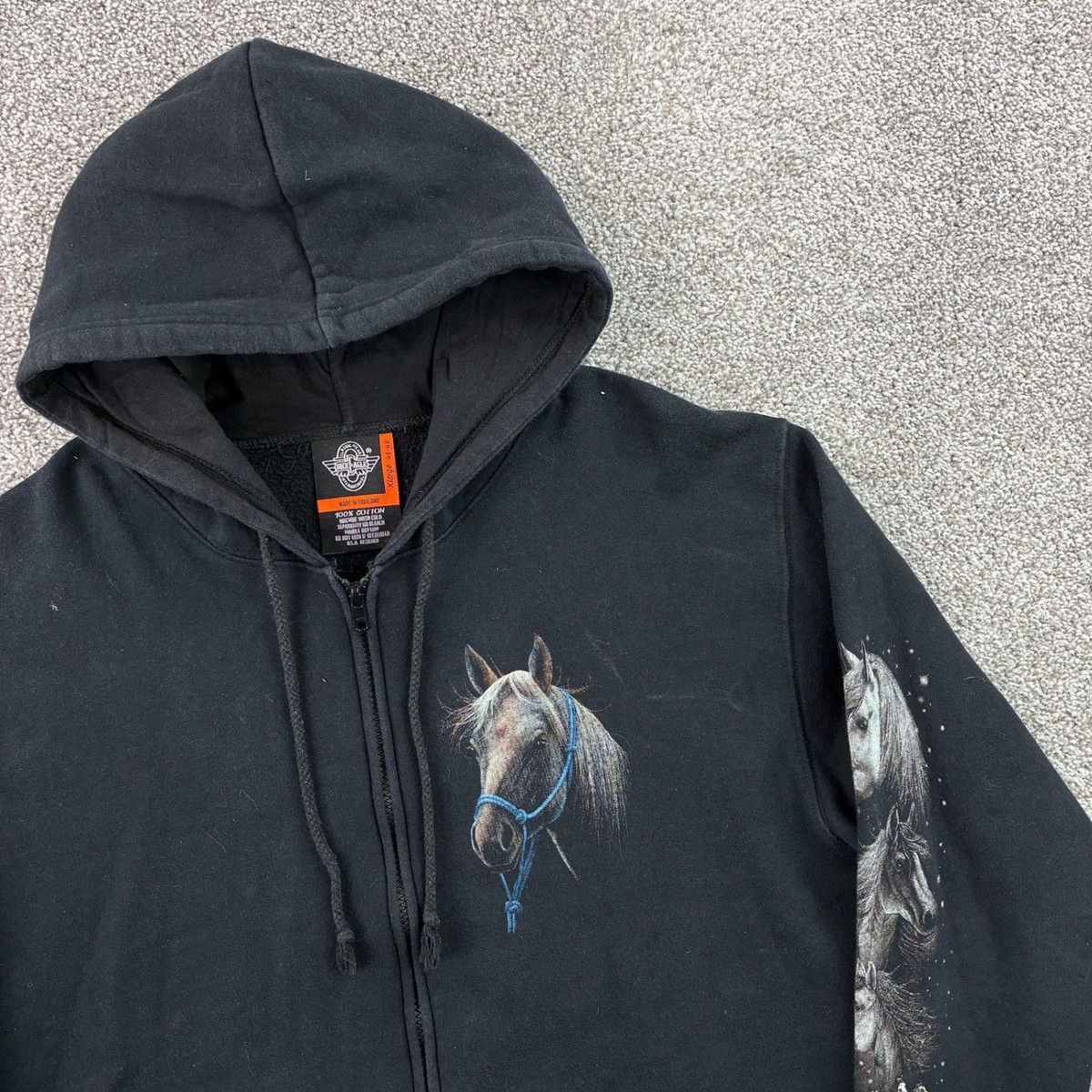 Vintage Y2K Horse Hoodie Rock Eagle Mens XL Black Full Zip Nature