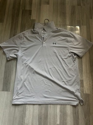 Under Armour Mens White and Black Striped Performance Polo Button Up