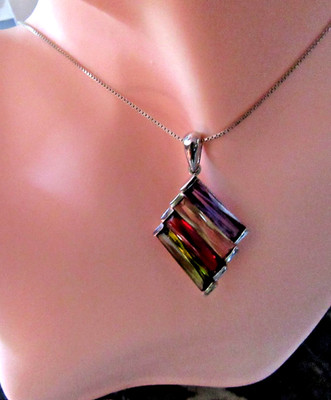 Signierte J Multi-Edelstein lebendiges Baguette Sterlingsilber 18'' Box Kette Halskette