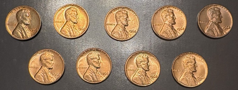 9 Coin Lincoln Memorial Cent Lot Dated 1968 & 1968-S...Excellent / Uncirculated