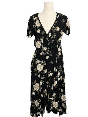 American Rag Wrap Dress Womens XL Black Floral Hi Low Boho Smocked Ruffle Hem