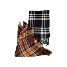 Lot Of 2- Coffee Plaid Blanket Scarf/Shawl Triangle Black Plaid Scarf