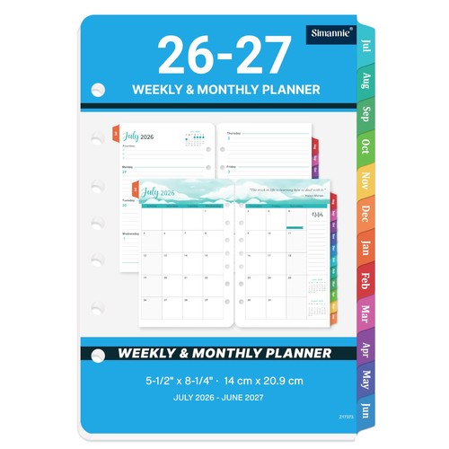 A5 Planner Refills 2026-2027 Weekly Monthly Inserts 7 Hole Jul26-Jun27 Tabs (