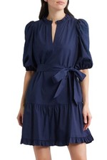 Vince Camuto Vince Camuto Womens Embroidered Ruffle Tie Waist Dress 12 Navy NWT