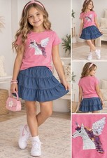 Girls Cat Jack Outfit Set Size 10 Pink Sequin Unicorn Tee Blue Skort 2Pc.