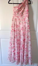 JJ's House Junior Bridesmaids Dress Pink Floral Chiffon Off Shoulder Long Sz 12