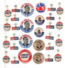 Lyndon Johnson -  Buttons / tabs / 2 wooden nickels - 29 item LBJ lot