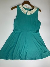 New Look Dress Green Size 14 Sleeveless Knee Length Crochet Collar Cotton A-Line