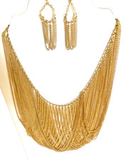 Gold Tone Layered Fringe Chain Statement Necklace Earrings Set 2 PC