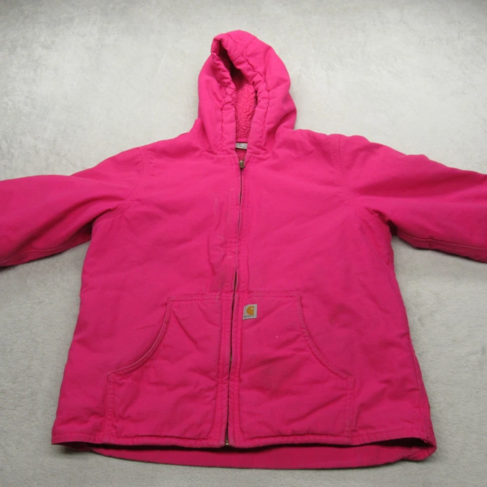 Chaqueta Carhartt Niñas Mediana 10-12 Rosa Sherpa Forrada Lona Capucha Resistente Distress Foto 2 de 4