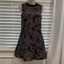Tory Burch 2 Dahlia Navy Pixelated Brocade Print Fit and Flare Mini Dress Pocket