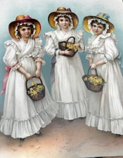 Antique 1900s German Chromolithograph Print Three Flower Girls 16x20 Wedding