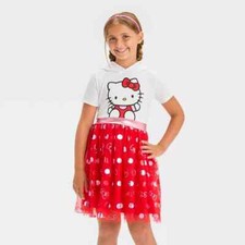 Hello Kitty Hooded Cosplay Short Sleeve Tutu Dress - Red/White Girls Large NEW