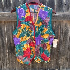 80s 90s Eva Bright Floral Vest Lightweight Button Accents Size 13/14 Flaws Nwt