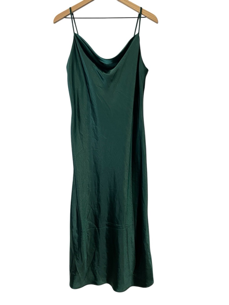 Skies are Blue Emerald Green Cowl Neck Sleeveless Satin Midi Slip